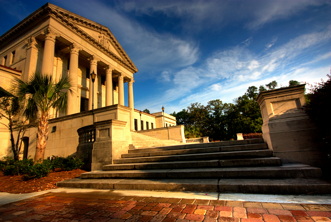 Image of stairs leading to Louisiana State University's Paul M. Hebert Law Center.