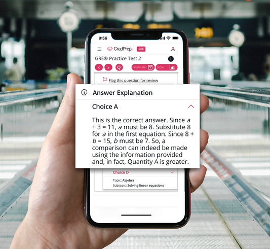 GRE practice test mode with answer explanation